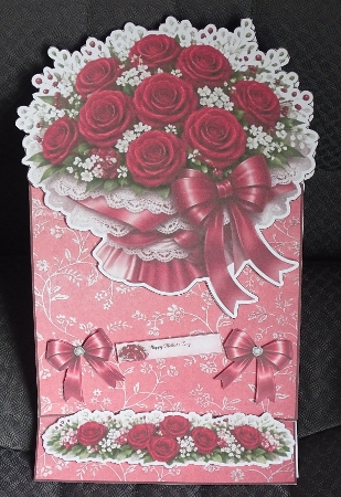 Luxury Red Roses Valentines Day Easel Card Front – Lace, Satin Bows & Happy Valentines Day Design by Helen Gomm