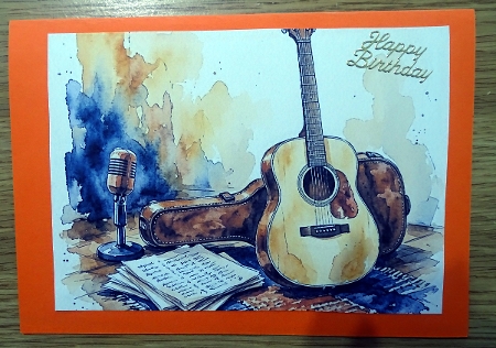 Watercolor Acoustic Guitar – 1024×1024 Guitar, Microphone & Sheet Music Scene by Helen Gomm
