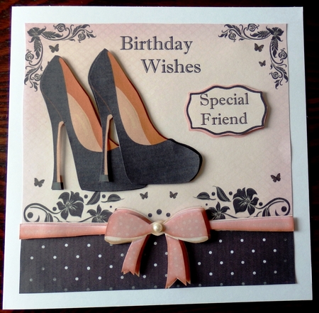Birthday card with high heeled shoes and spotty bow by Helen Gomm