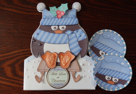 3D Shaped Christmas Card Kit  - Pip Penguin is going Sledging by Helen Gomm