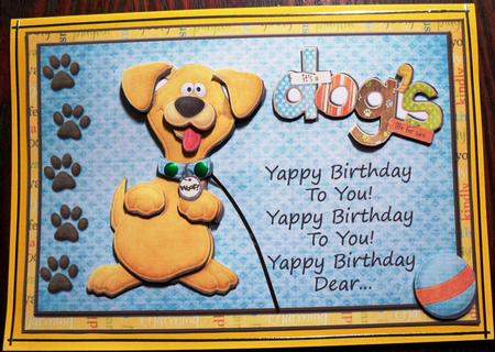 Dog's Sing Yappy Birthday Card Front with Decoupage by Helen Gomm