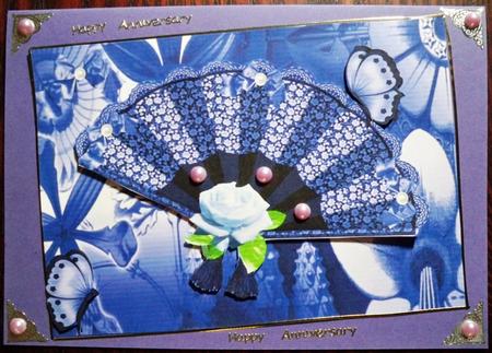 Ladies Fan, on Purple Flower Abstract Background, A4 Topper by Helen Gomm