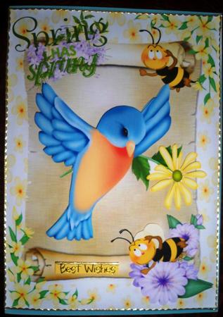 Spring Has Sprung, with Little Blue Bird on a Scroll by Helen Gomm