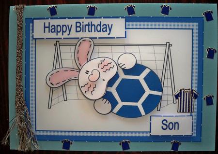 Bunny Catching a Football - Blue/white by Helen Gomm