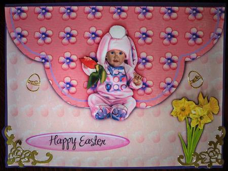 Happy Easter with a Baby Girl Bunny Envelop Card by Helen Gomm