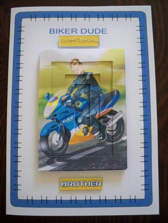 Biker Dude Blue and Yellow Inverted Pyramid. by Helen Gomm