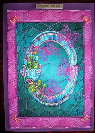 Hot Pink Glass Butterflies on Aquamarine Hexagon Patchoupage by Helen Gomm