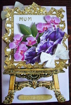 Stand Out Easel Card Purple Roses and Orchids 3D by Helen Gomm
