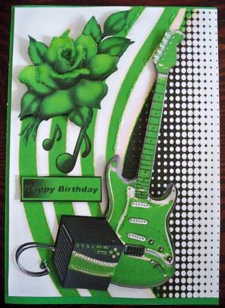Green Guitar with Amplifier and Green Rose by Helen Gomm