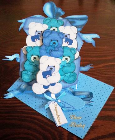 Baby Boy Teddies Twisted Easel Card by Helen Gomm