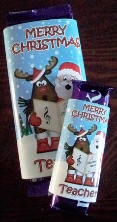 Christmas Singing Santa & Rudolph Teacher Chocolate Wrapper by Helen Gomm
