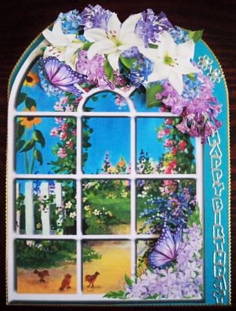 Over the Edge Arch Window Cat and Bird Topper by Helen Gomm