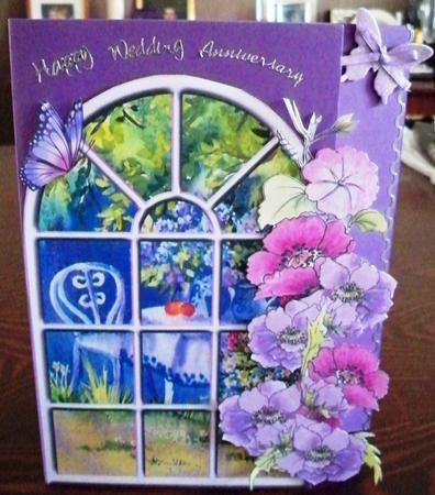 Over the Edge Arch Window Tea in the Garden Topper by Helen Gomm