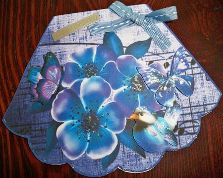Blues and Lilac Flowers with Bird on Music Rocker Card by Helen Gomm