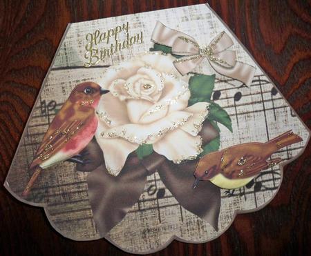 Cream Rose with Ribbon on Music with Birds Rocker Card by Helen Gomm