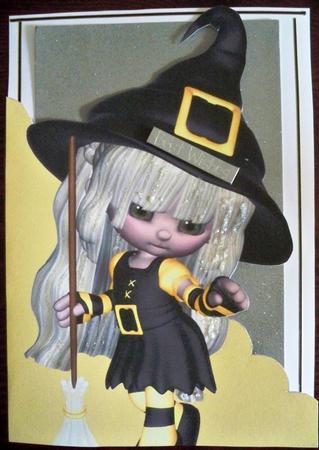 Little Witch & Broomstick A5 Shaped Front Print & Fold Card by Helen Gomm