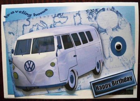 White Volkswagen Camper Van on a Map with Vintage Tag by Helen Gomm