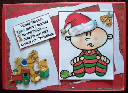 Yippe I'm Out New Christmas Baby Quick Card by Helen Gomm