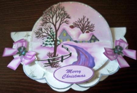 Pretty Pink Snow Scene on Scalloped Rocker with Bows by Helen Gomm