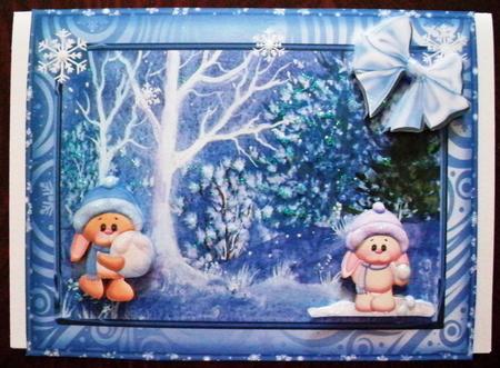 Snowbunnies Snow Ball Fight Decoupage Topper by Helen Gomm