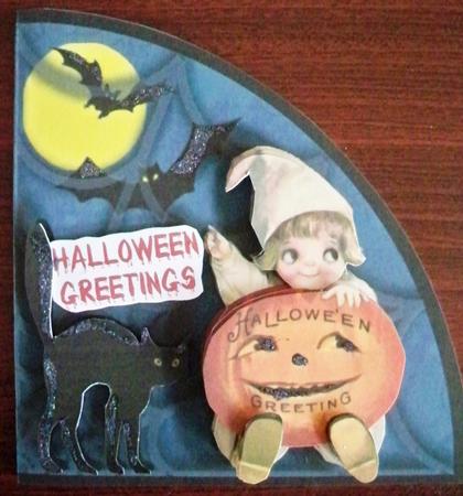 Halloween Greetings, Shaped Cut and Fold Card with Decoupage by Helen Gomm