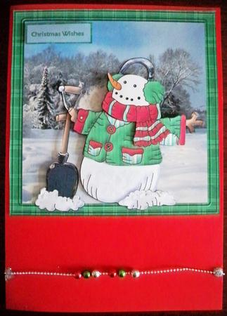 Snowman Clears the Snow Card with Decoupage by Helen Gomm