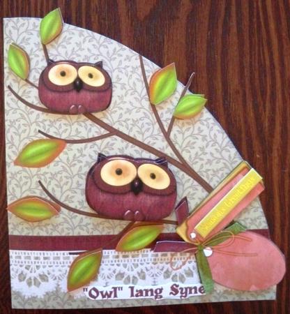Owl Lang Syne, Shaped Cut and Fold Card with Decoupage by Helen Gomm