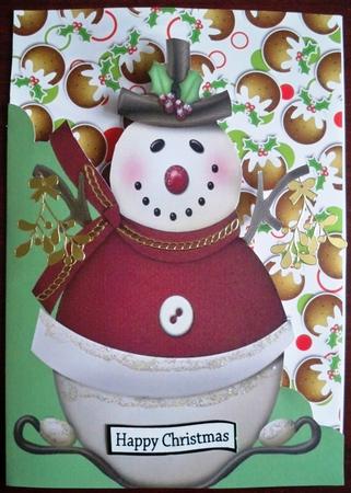 Snowman in Red A5 Shaped Front Print and Fold Card by Helen Gomm