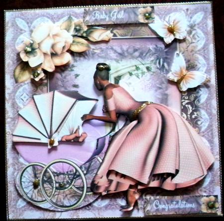 Vintage Style Mother and Baby Girl and Pram by Helen Gomm