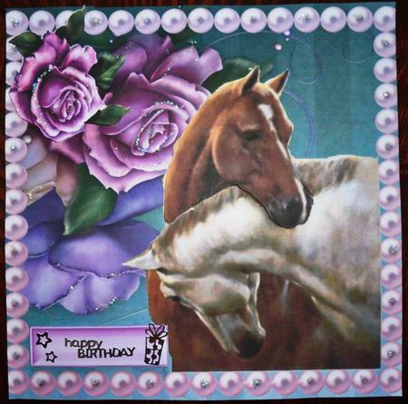 Horses Heads Entwined with Pink Roses & Pearls 8x8 by Helen Gomm