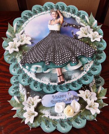 Flirty Rock and Roll Lady Scalloped Round Easel Card by Helen Gomm