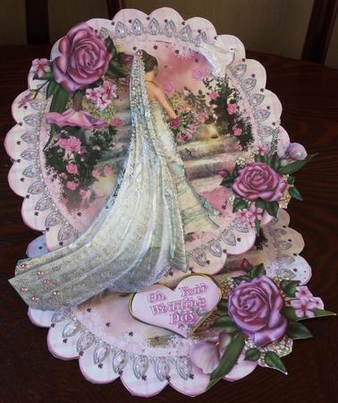 Pink Roses Bride and Groom Scalloped Round Easel Card by Helen Gomm
