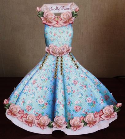 Beautiful Blue and Pink Rose Dress Shaped Card Kit by Helen Gomm