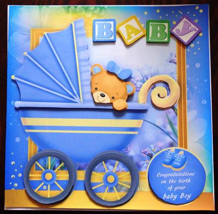 Baby Boy Mini Card Kit with Teddy Pram by Helen Gomm