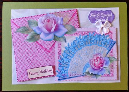 Pretty Lace Fan with Roses on a Card with Envelope A4 by Helen Gomm