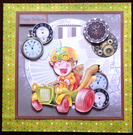 Racing Through Time Card with Decoupage and Sentiment Tags by Helen Gomm