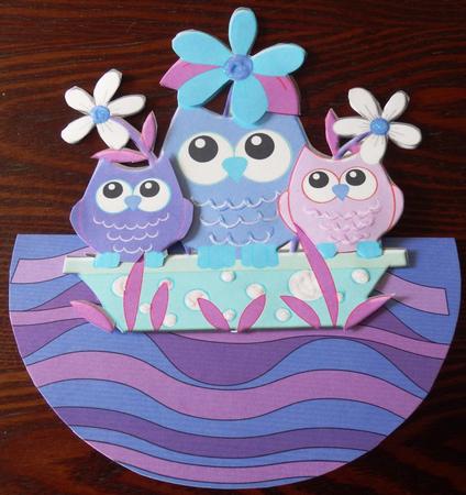 Owl Family in Purple with Flowers A4 by Helen Gomm