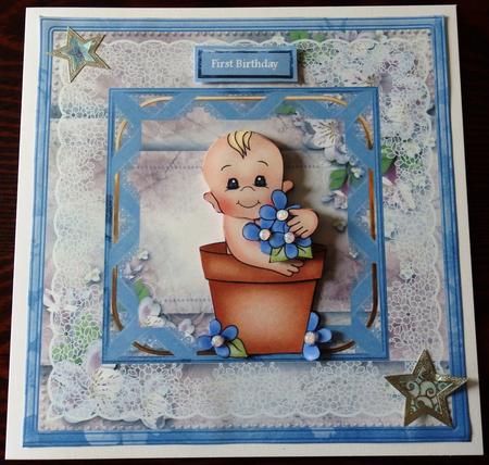 Baby Boy in a Flowerpot 7x7 Card with Decoupage by Helen Gomm
