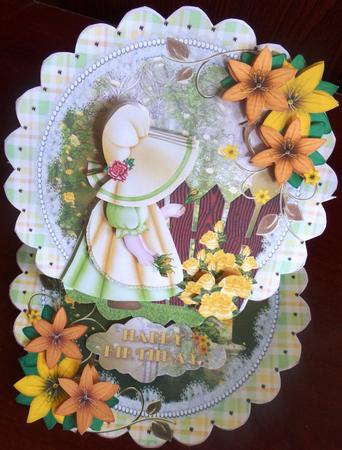 Little Flower Lady in Lemon Scalloped Round Easel Card by Helen Gomm