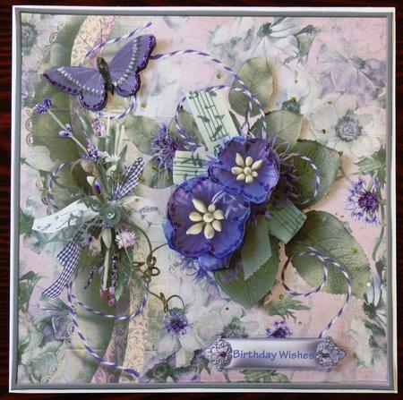 Purple Flowers 8x8 Card and Decoupage by Helen Gomm