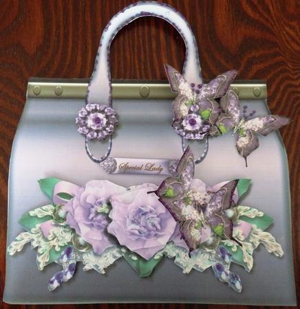 Handbag Shaped Card Lavender Roses & Butterflies Mini Kit by Helen Gomm