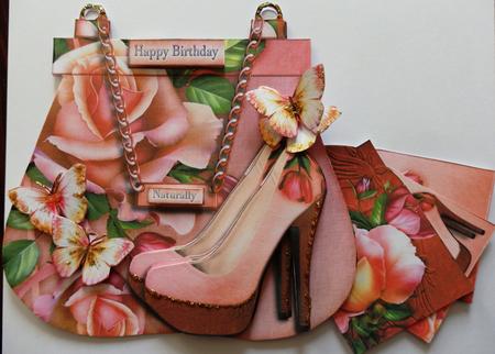 Handbag Shoe Shape Card Pink Orange Roses 759 by Helen Gomm