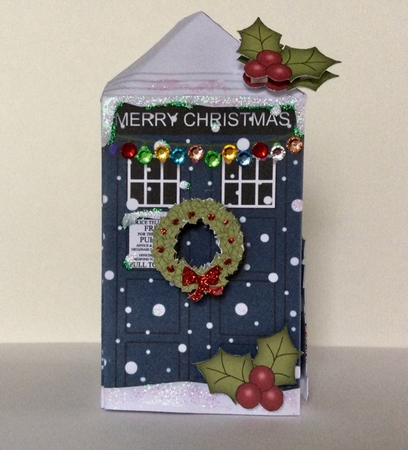 3D Christmas Police Box Rubber Band Pop Up Card by Helen Howell