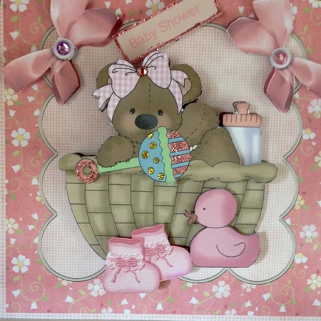 Teddy Bear Shower 7x5x7.5 Card with Decoupage and Sentiment by Helen Howell