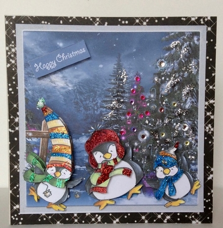 Dancing trio penguins 7x7 card with decoupage and sentiment tags by Helen Howell