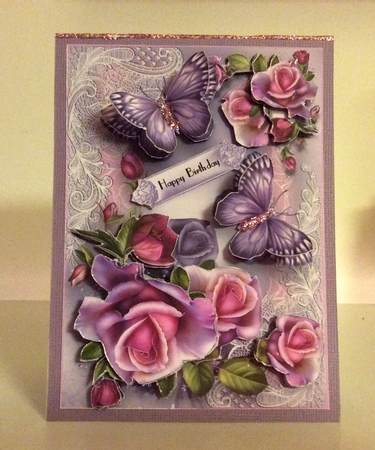Purple Flutters and Pink Roses A5 Card Front Kit by Helen Howell