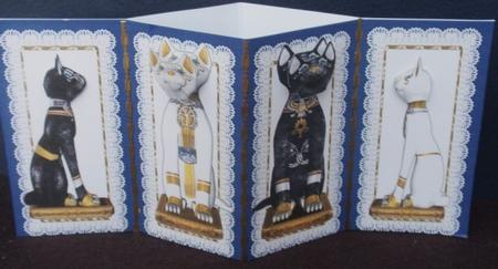 Egyptian Cats with Nodding Heads Blue Diamond Fold Card by Helen Jennings