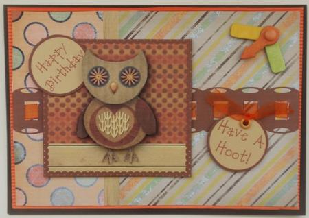 Hootie Owl Decoupage Card Front - Brown & Orange by Helen Jennings