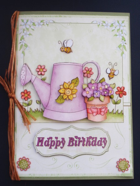 Watering Can and Flowers Card Front by Helen Jennings