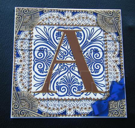 Vintage Blue a Monogram All 4 Corner Stacker Card Front by Charlie Angel